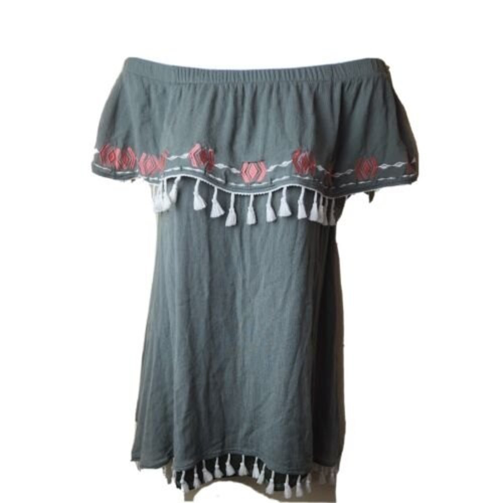Mi Ami Women’s Size S‎ Off The Shoulder green embroidered boho tassels Hippie
